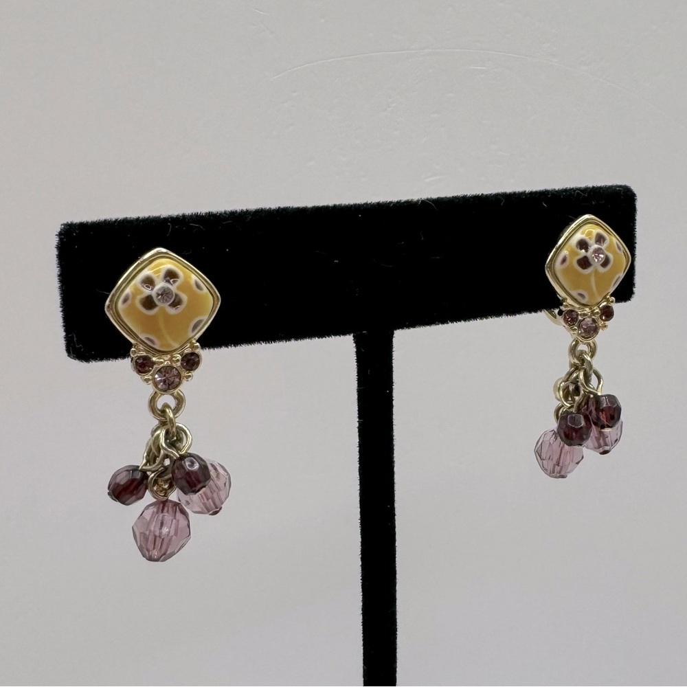 VINTAGE Gold-Tone Crystal & Enamel Dangle Clip-On Earrings
